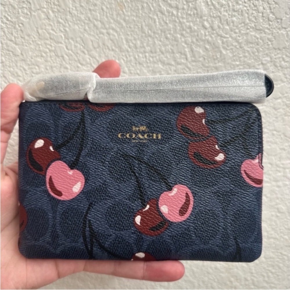 Coach Blue and Pink Signature Cherry Corner Zip Denim Wristlet NWT - Picture 2 of 7